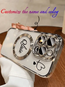 1个可定制姓名字母的透明电镀磁吸充电TPU手机壳，兼容15ProMax/16promax/16pro/14promax/14pro/13promax/16 16e/ 14 Pro Max、17promax、17pro、17、17air，支持无线充电，色彩缤纷，时尚可爱，可定制，2025万圣节配件，手机及配件 - 銀色 - 查看 2