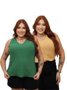 kit 2 Blusas Feminina Regata Básica Social Alça Grossa Decote em V Forrada Tecido Duna - Verde e Bege - Visão 2