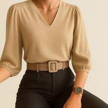 Women's Crepe Duna Blouse With 3/4 Puff Sleeve Plus Size And Slim - 米色 - 查看 2