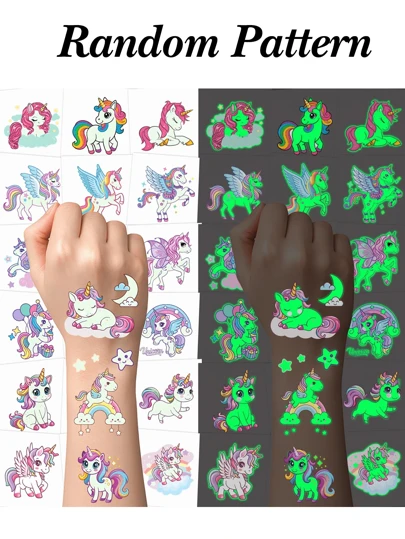 Cute Cartoon Unicorn Temporary Tattoos For Boys And Girls, Glow-In-The-Dark Stickers, Waterproof Realistic Body Art Stickers, Rectangular, 2-5 Days Effective, Fun Arm Stickers, Cartoon Y2K Fashion Stickers, Stationery Stickers, Children's Day, Easter Gifts