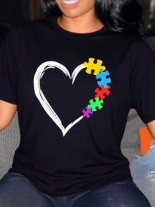 Camiseta Mujer Bloque Amor Estampado Primavera y Verano Casual Suelta Cuello Redondo Manga Corta - Negro - Ver 1