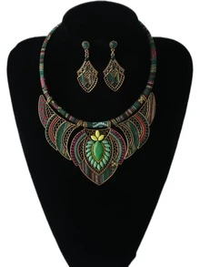 Bohemian Necklace Set With Random Patterned Necklace & Earrings, Women Fashion Jewelry Set - Red - View 7