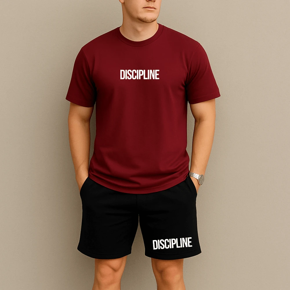 Kit Camiseta Algodão e Bermuda Moletinho Estampada Discipline Conjunto Masculino Com 2 Peças Short Com Bolsos Blusa Tecido Premium - Bordô/Preto - Visão 1