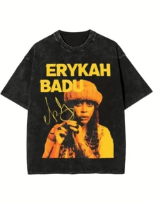 Wash With Water To Do The Old Craft! Erykah Badu Character Printed T-Shirt, Retro Soul Singer Element, Full Of Street . - 黑色 - 查看 1