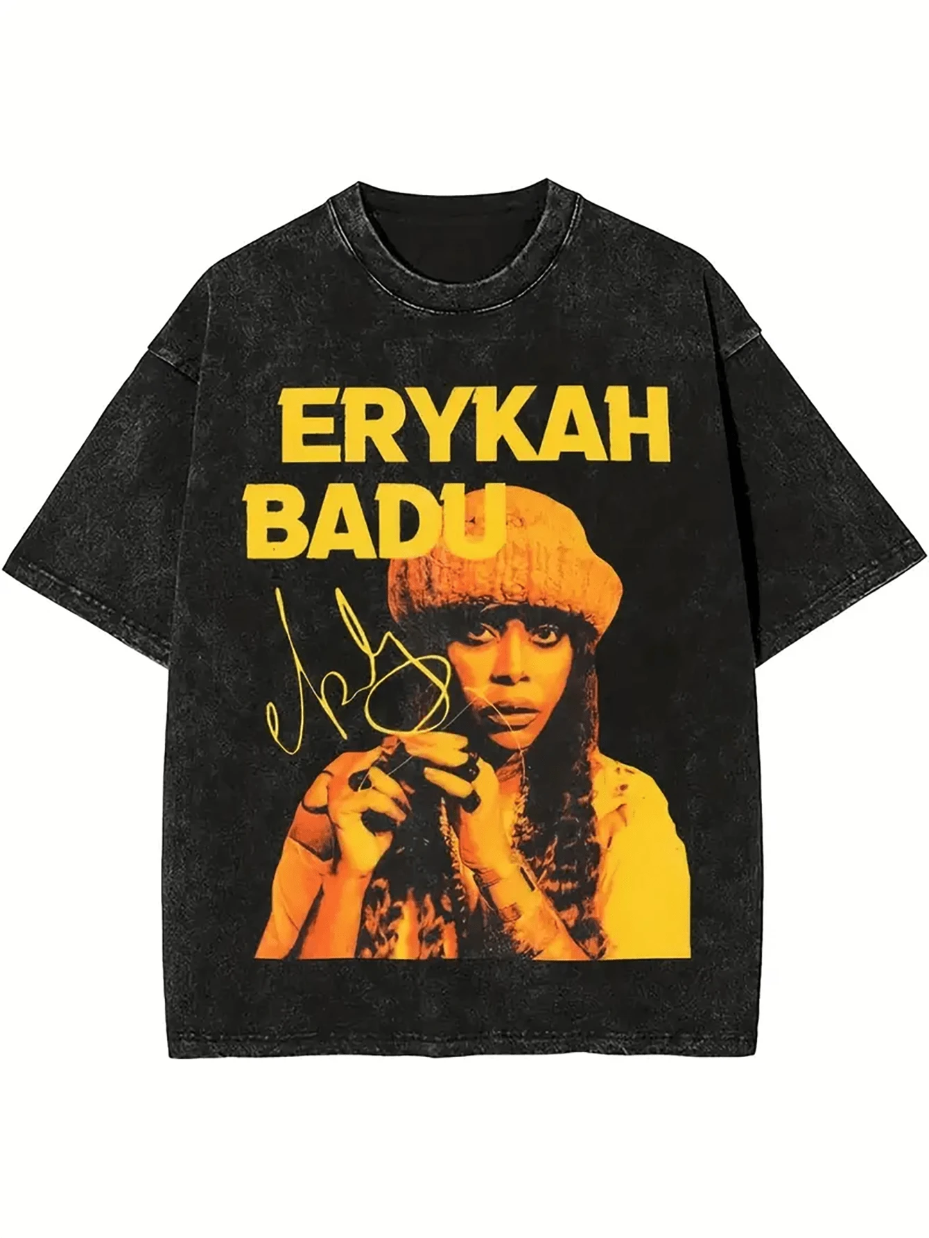 Wash With Water To Do The Old Craft! Erykah Badu Character Printed T-Shirt, Retro Soul Singer Element, Full Of Street . - 黑色 - 查看 1