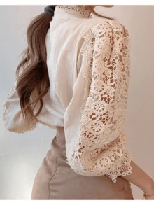 Women's Lace Blouse, Long Sleeve Shirt With Lace Buttons - Beige - View 4