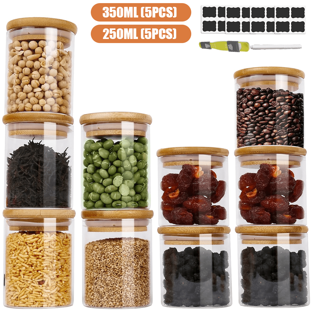 Lislark 10PCS Sealed Glass Storage Containers With Bamboo Lids, 5 350ML + 5 250ML Glass Jars, A Set Of 16 DIY Labels, A Pen And A Measuring Spoon. Shipped From Local Inventory. High Borosilicate Glass Airtight Storage Jars For Kitchen Use, Tea, Coffee, Vanilla, Beans, Candies, Jelly, Spices Set. A Great Summer Gift.
