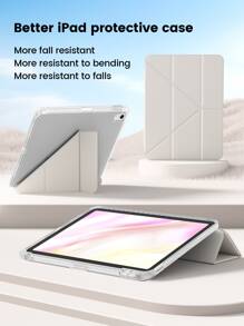 A Transparent Acrylic Y-Fold Tablet Case With A White Y-Fold Stand And An Internal Pen Slot. It Is A Simple/Casual/Classic/Business IPad Folding Tablet Case With A Pen Slot, Compatible With Ipad Mini6 Mini7 / Air1 / Air2/10.5/9.7/10.2 / / Air4 / Air5/10 Th / 10.9 / Pro11 Inch/Pro12.9 / / Air 11 - In. (M2) - 13-2024 / Air In. (M2) - 2024 / Pro 11-In.(M4)-2024/Pro13-In.(M4)