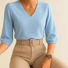 Women's Crepe Duna Blouse With 3/4 Puff Sleeve Plus Size And Slim - Màu xanh nhạt - Xem 2