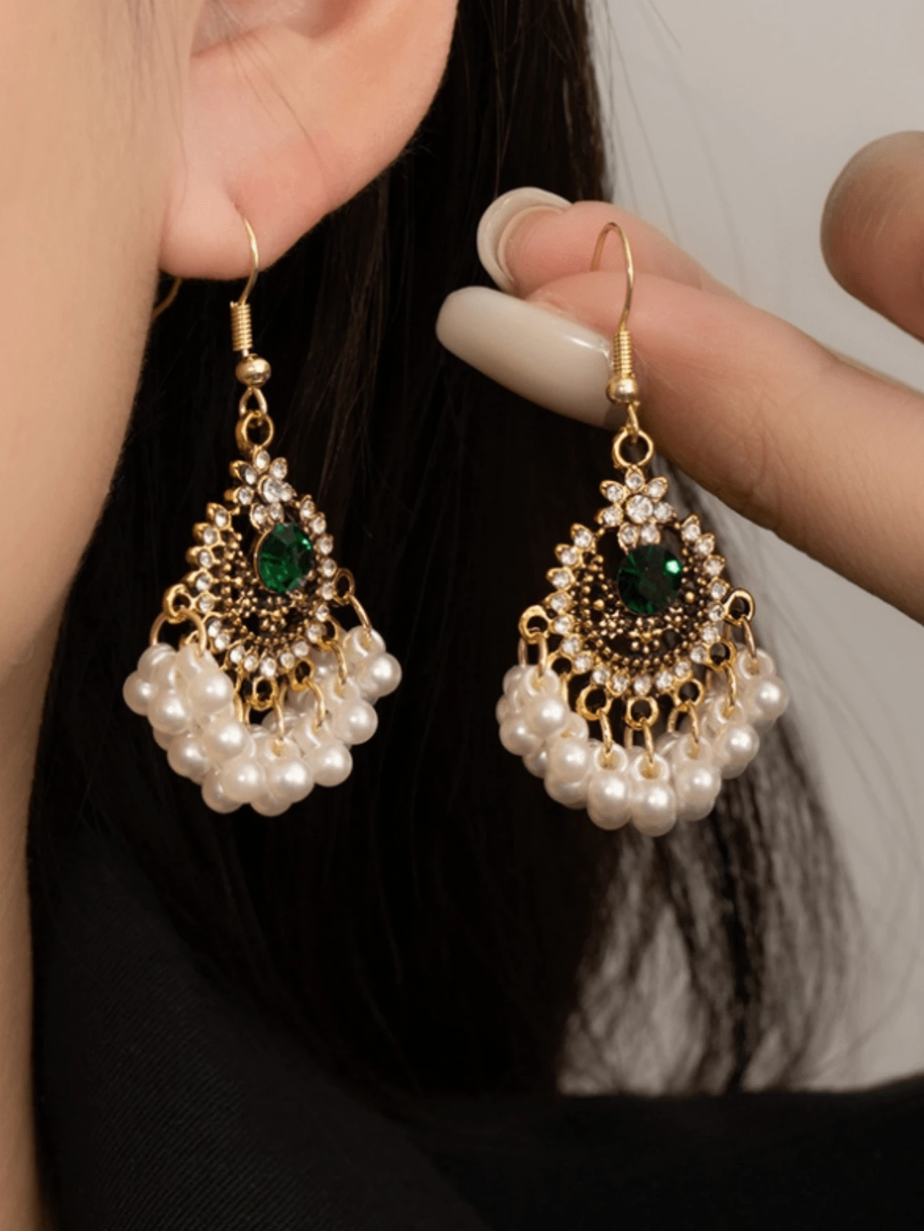 2 piezas Pendientes colgantes elegantes con flores de strass, accesorios de moda de lujo como regalo para mujeres - oro - Ver 1