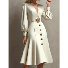 CorpoShui Elegant Satin Dress For Women With Puff Sleeves V Neck Ruffled A-Line Midi Long Sleeves Sexy Fishtail Evening Gown For Fall - White_Beige - 查看 2