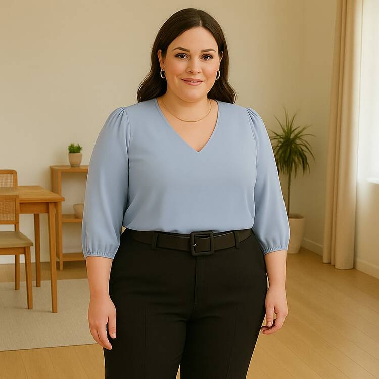 Women's Crepe Duna Blouse With 3/4 Puff Sleeve Plus Size And Slim - 淺藍色 - 查看 8