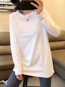 Women Cotton Long Sleeve Mid-Length T-Shirt, Loose Fit Pullover Basic Top, Fashionable For Autumn/Winter - White - View 1