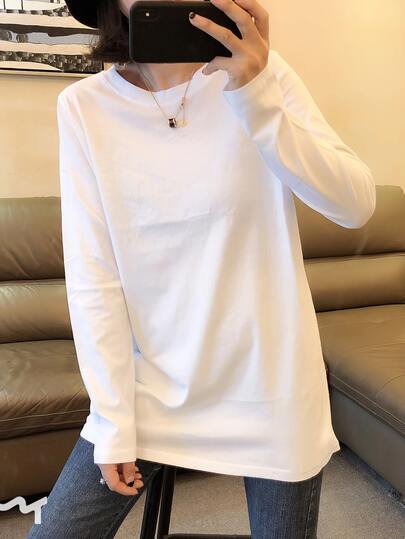 女士长袖中长款T恤，宽松套头基础款上衣，时尚秋冬休闲白色