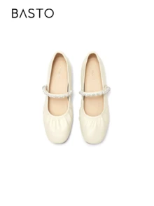 BASTO Minimalist Commuting Mary Jane Flat Round Toe Women Shoes, Fashion, Comfortable, Solid Color, Spring/Summer - Beige - View 3