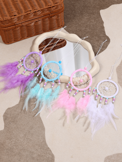 1pc Pearl & Feather Dream Catcher Wind Chime Decor, Feather Ornament Gift For Girls, Suitable For Car, Room, Home, Wedding Party Festival Decoration (Feathers Are Artificial)