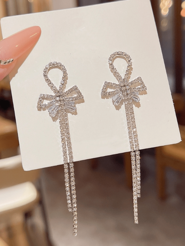 2pcs Elegant Crystal Bow With Tassel Drop Earrings, Fashion Long Earrings Daily Wear Gift