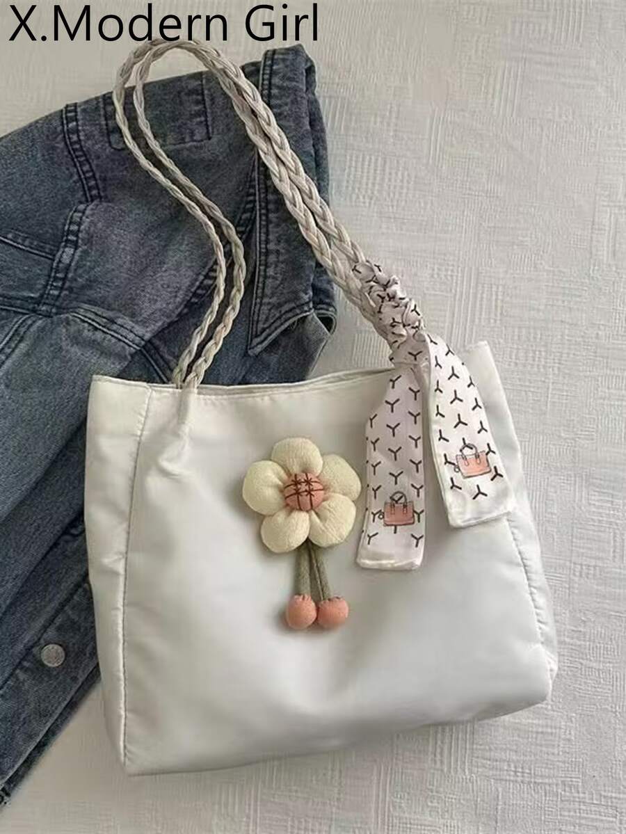 Fashion Solid Color Cute Floral Decor Knitted Shoulder Bag With Scarf ...