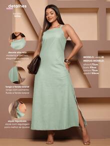 Controverso Elegant Linen Long Dress Spaghetti Straps With Slit Party Casual Chic - màu xanh lá - Xem 2