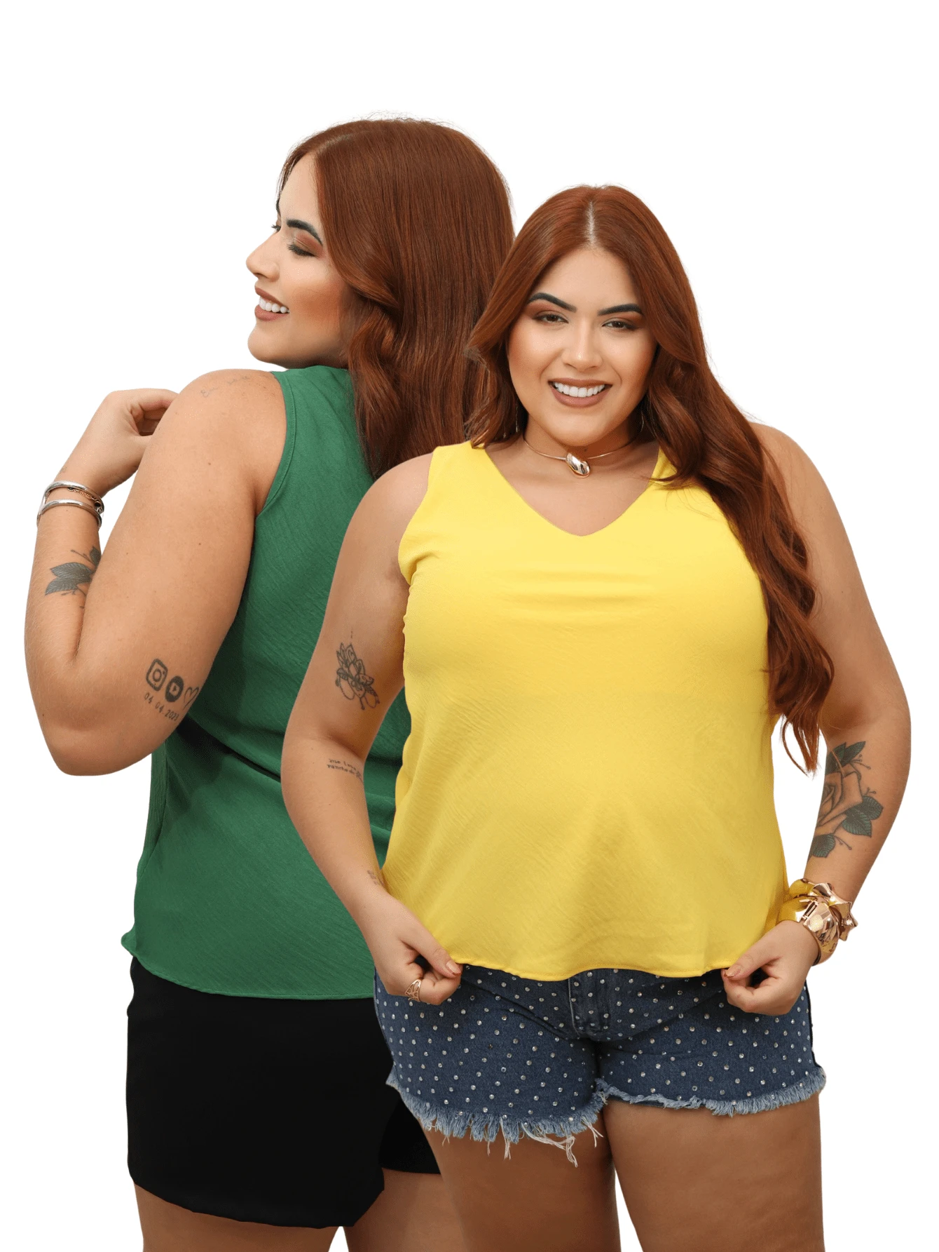 Kit Of 2 Women's Basic Social Tank Tops With Thick Straps, V-Neck, Lined In Duna Fabric - 綠色和黃色 - 查看 1