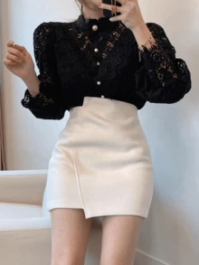 Women's Lace Blouse, Long Sleeve Shirt With Lace Buttons - Negro - Ver 2