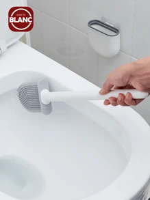 1set Upgraded Design Toilet Brush And Holder, White Plastic Material, Round Handle, Wall-Mounted Silicon Toilet Brush With Drip-Proof Stand - White - View 2