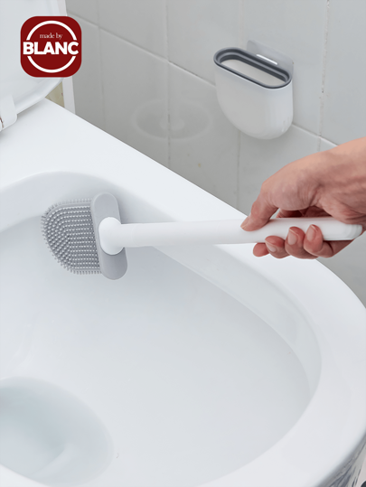 1set Upgraded Design Toilet Brush And Holder, White Plastic Material, Round Handle, Wall-Mounted Silicon Toilet Brush With Drip-Proof Stand