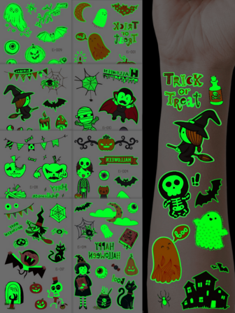 8 Pcs Glow-In-The-Dark Halloween Temporary Tattoo Stickers - Pumpkin, Ghost, Castle, Witch, Bat & More Patterns | Beautiful, Cool & Cute Fake Tattoos | Party Makeup & Ball Body Decorations | Best Gifts For Family & Friends | DIY Decorations