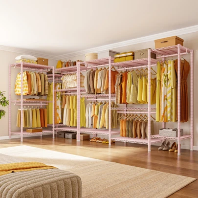 EnHomee Commercial Heavy Duty 5-Rod Rolling 900LB Capacity Garment Clothing Rack 74.8"W 76.8"H Metal Material Portable & Sturdy Storage, Pink