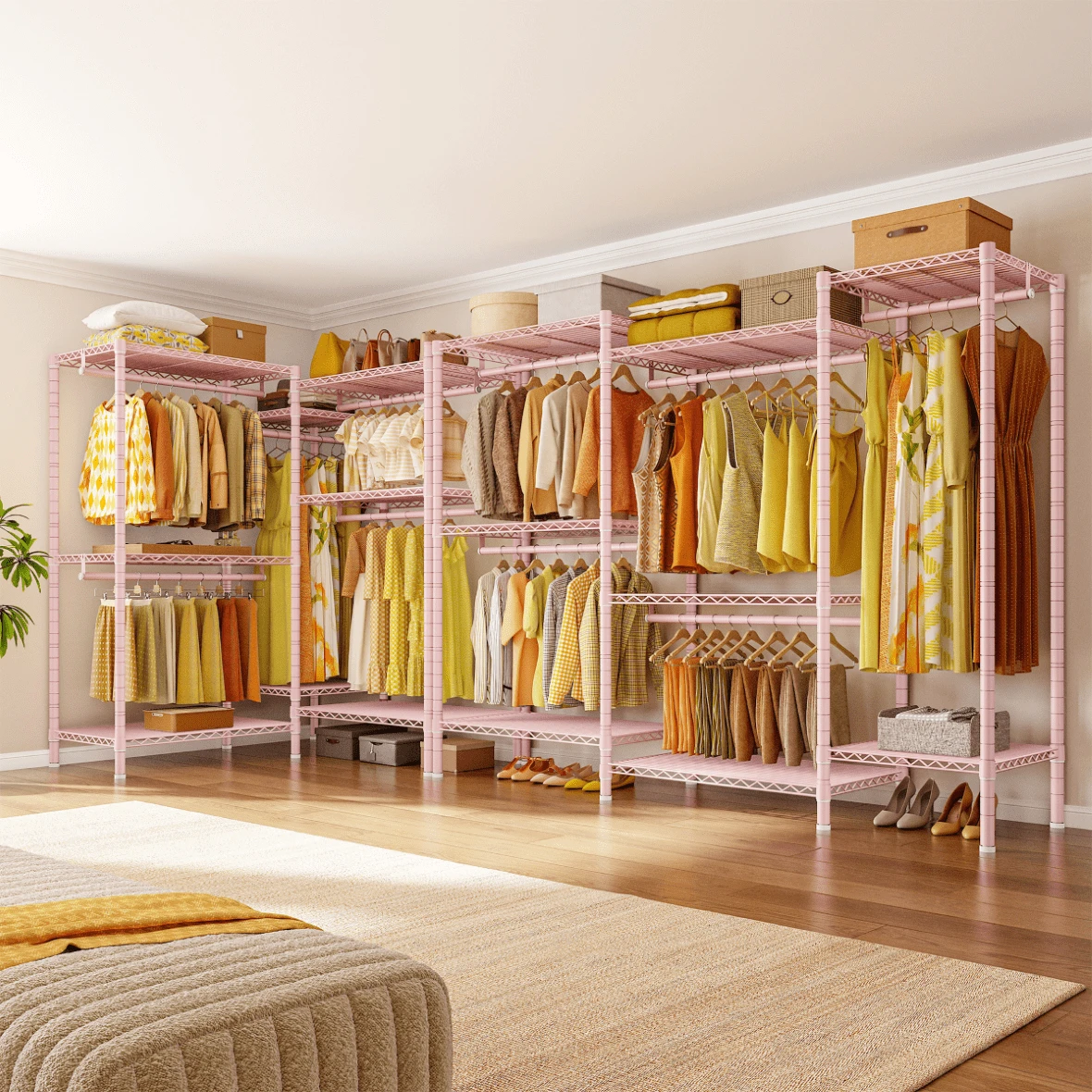 EnHomee Commercial Heavy Duty 5-Rod Rolling 900LB Capacity Garment Clothing Rack 74.8"W 76.8"H Metal Material Portable & Sturdy Storage, Pink - Pink - View 1