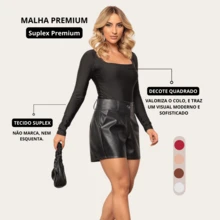 Body Feminino Manga Longa Tecido Suplex | Decote Quadrado Chic