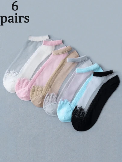 6 Pairs Women's Fashionable Sweet Lace Trim Sheer Short Socks, Comfortable And Stylish, Essential For Spring/Summer Wear