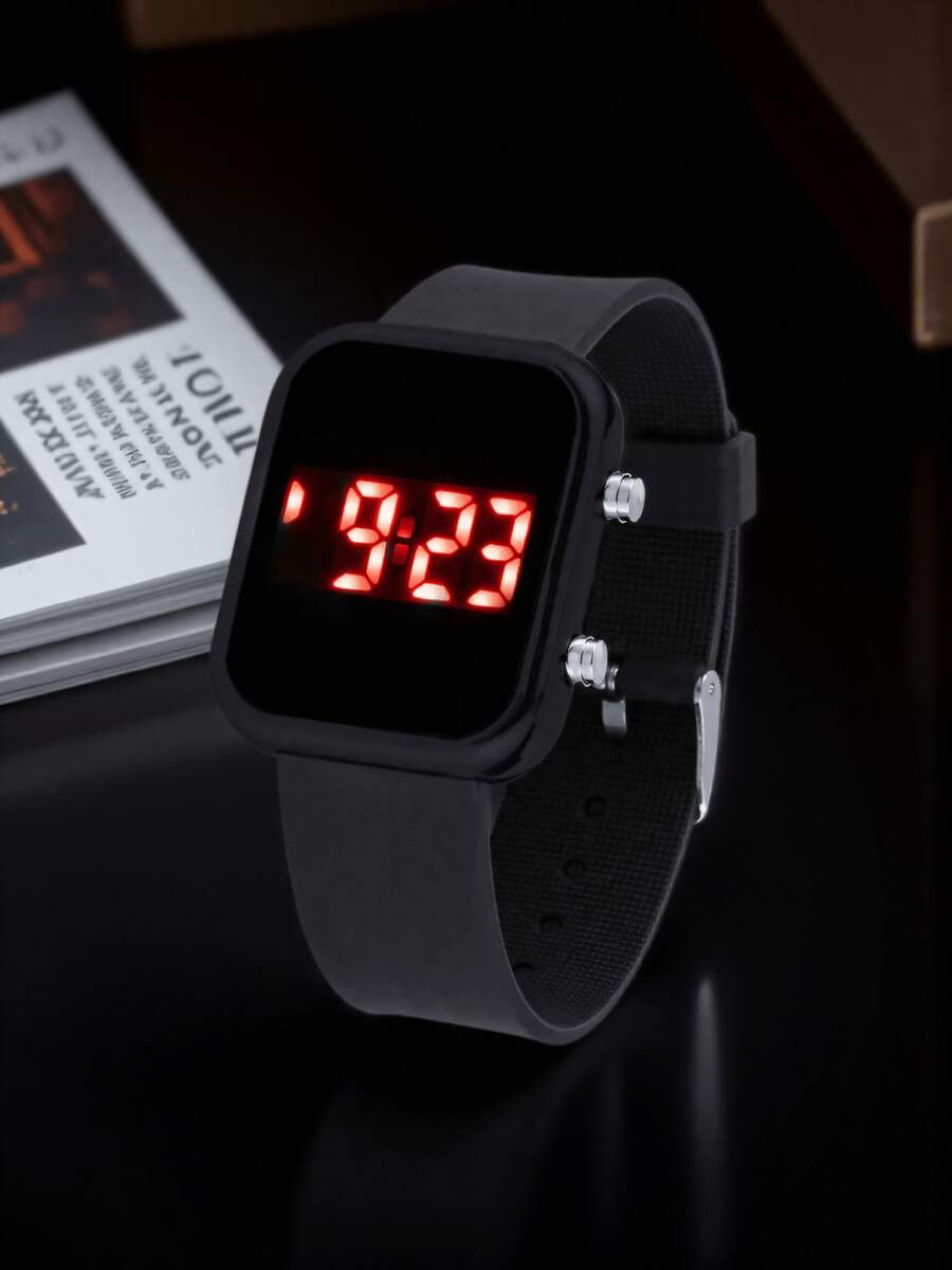 1pc Women's Square LED Digital Watch - Black Cute Girl Watch, Sports Silicone Wristwatch, Mother's Day Gift, Ladies/Female - Black - View 1