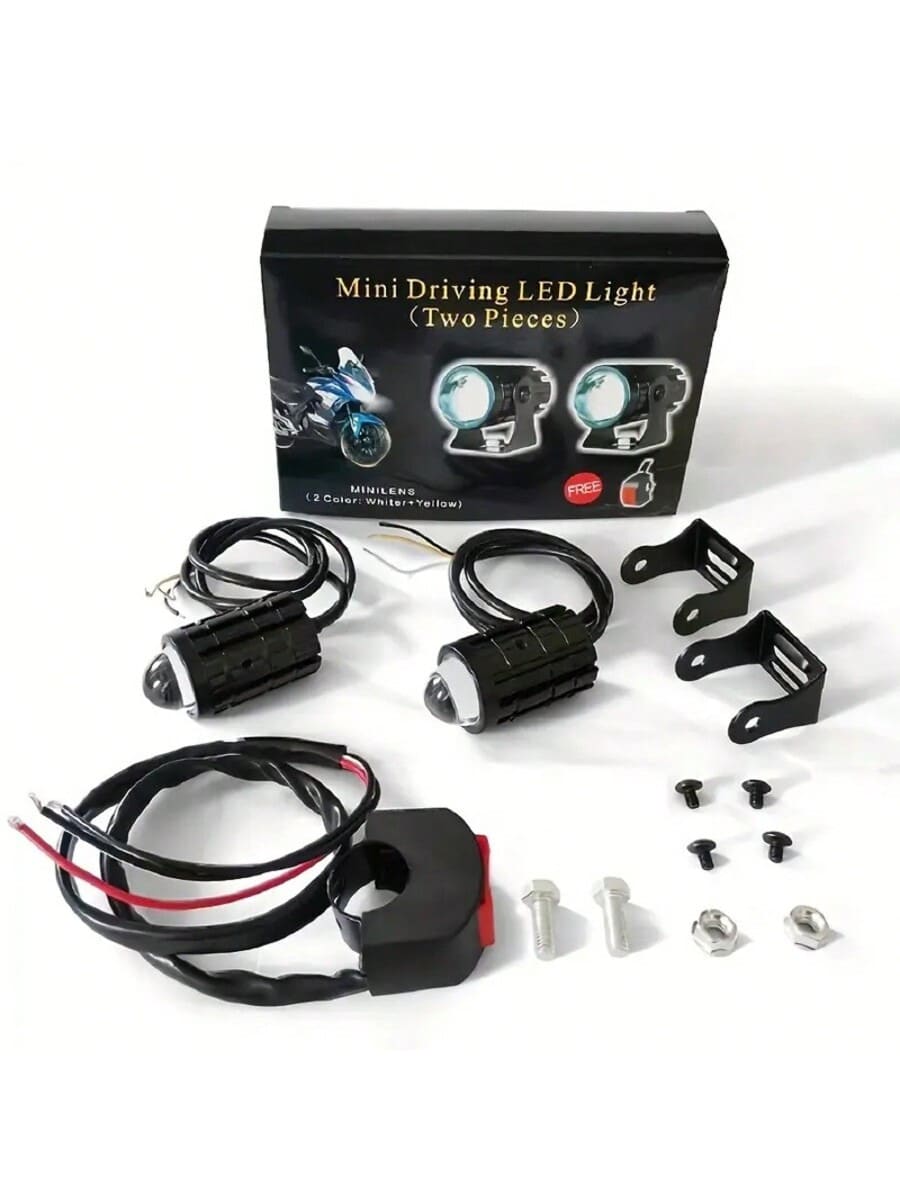 Mini lâmpada de direção universal, atualização de luz externa LED com farol de motocicleta de duas cores branco e amarelo, conjunto de holofotes LED para veículos off-road