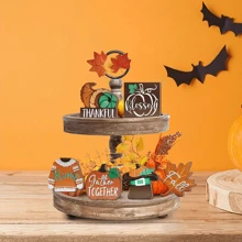 6pcs Autumn Sweater Maple Leaf Pumpkin Harvest Wooden Retro Desktop Decorative Plates, Suitable For Thanksgiving Farmhouse Theme Home Decor Party Decorations (Without Tray)