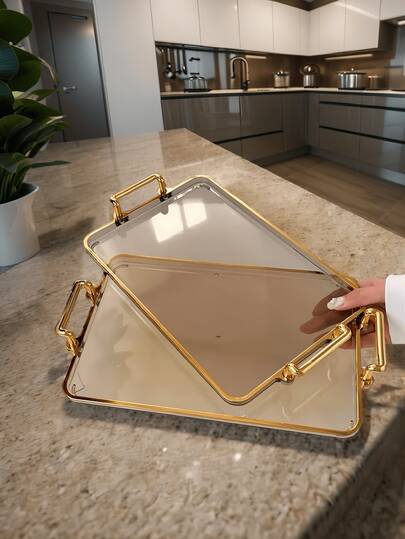 1pc New Design Double-Handle Tray, Nordic Style Creative Platter, Fashionable Snack/Cup/Cutlery Plate, Rectangular Tray For Home Use To Hold Tea Cups, Light Luxury INS Style Tea Tray, Fruit Plate, Cup Holder Plastic Large, Plastic Cup Storage Plate, Jewelry Decor Plate, Double-Ear Hotel/Cafe Afternoon Tea Long Rectangle Tray
