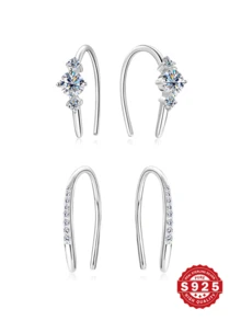 2 Pairs 925 Sterling Silver Earrings With Cubic Zirconia, Elegant U-Shaped Ear Hooks, Romantic High-End Earrings For Pierced Ears, Hypoallergenic, Suitable For Women/Girls, Daily, Commute, Party, Collection, Gift Box Included, Fashionable Jewelry For All Seasons - Silver - View 12