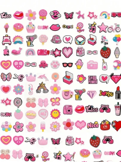 100 piezas de elementos decorativos coloridos surtidos, adornos de zapatos de moda, botones decorativos, accesorios unisex, color y estilo aleatorios para verano y escuela