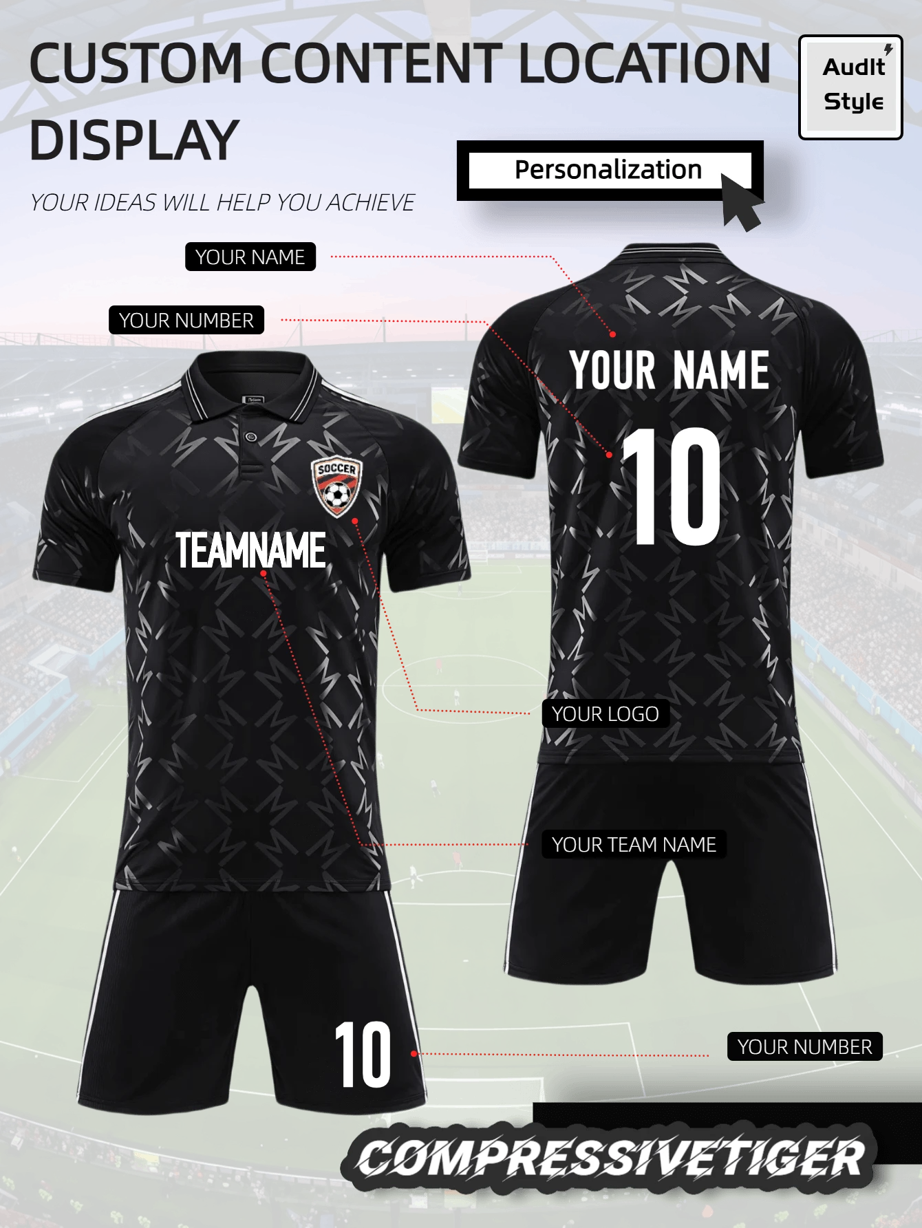 Bộ đồng phục bóng đá tùy chỉnh 2 món - Áo bóng đá và quần đùi in họa tiết cá nhân | Thêm tên/số điện thoại của bạn | Quà tặng đồ thể thao thấm hút mồ hôi. Quà tặng Halloween, Lễ Tạ ơn, Giáng sinh và Năm mới - màu đen - Xem 1