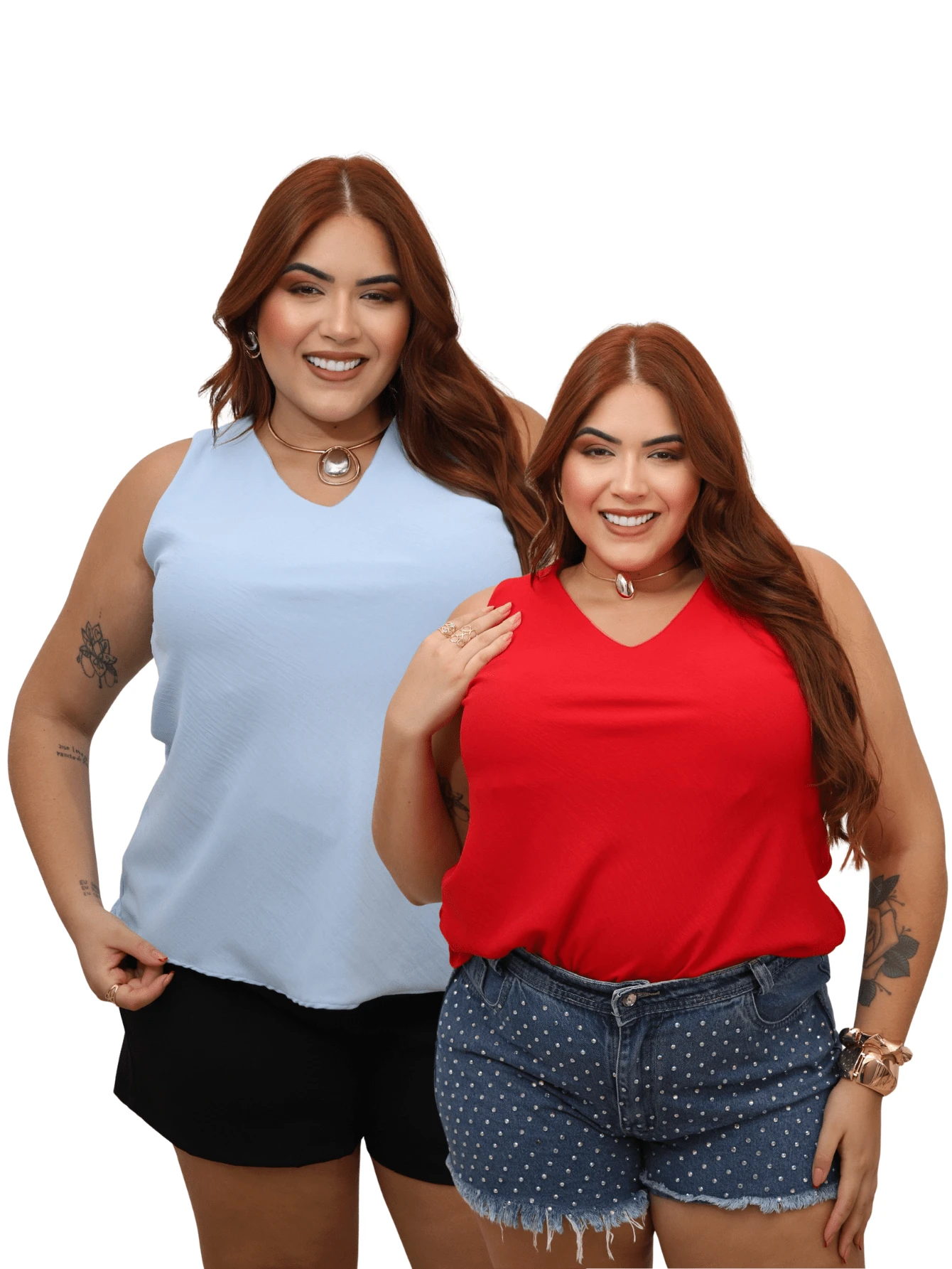 Kit Of 2 Women's Basic Social Tank Tops With Thick Straps, V-Neck, Lined In Duna Fabric - 紅色和淡藍色 - 查看 1
