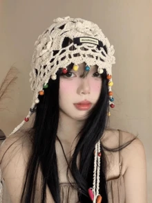 1 件女士独特复古钩针星星帽，透气春夏风格，手工帽子，街头时尚，别致街头服饰 - 彩色 - 查看 4