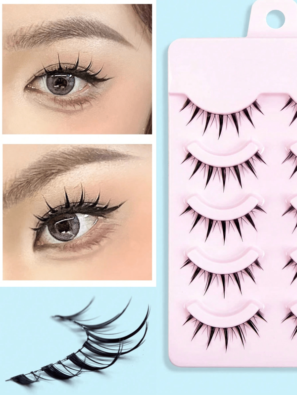 Makeup False Eyelashes,5Pairs Manga Lashes, Wispy Anime False Eyelashes Natural Look, Fluffy Spiky Doll Eyelashes, Cartoon Lashes,0.3-1.2cm