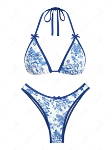 Women Swimsuit Bikini Set High Waisted Push Up Cheeky Drawstring Two Piece Bathing Suit - Blue - View 5