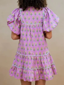 Women Boho Ruffle Sleeve Mini Dress Summer  Floral Print Short Sleeve V Neck Cute Babydoll Loose Flowy Dress - 淡紫色 - 查看 3