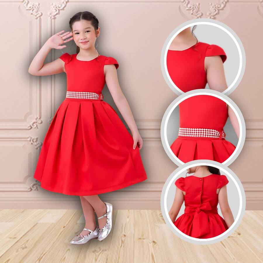 Children's Dress Girl's Round Party Wedding Baptism Graduation Youth Birthday Princess Style - Red - View 1