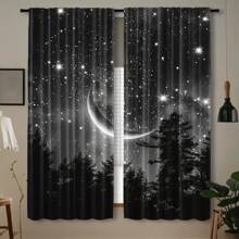2pcs Starry Night Forest And Moon Pattern Blackout Curtains - Contemporary Peach Light Beige Velvet, 100% Polyester, Bohemian Style, Light Beige, For Living Room, Bedroom, Kitchen, Study, Dining Room (Rod Not Included), Curtains For Living Room