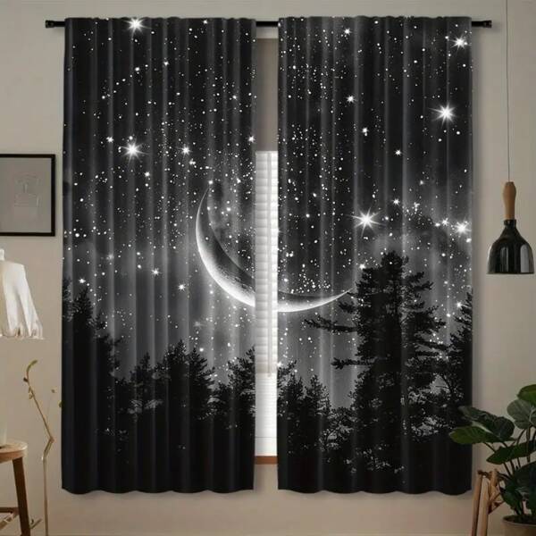 2pcs Starry Night Forest And Moon Pattern Blackout Curtains - Contemporary Peach Light Beige Velvet, 100% Polyester, Bohemian Style, Light Beige, For Living Room, Bedroom, Kitchen, Study, Dining Room (Rod Not Included), Curtains For Living Room