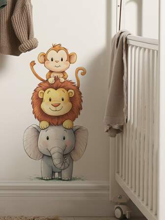 1 pieza Adhesivo de pared con diseño de elefante y mono en acuarela - Adhesivo de PVC autoadhesivo, aplicable para decoración de habitación de juegos/dormitorio de niños, sala de estar, puerta, decoración de guardería, aula, decoración del hogar y regalos