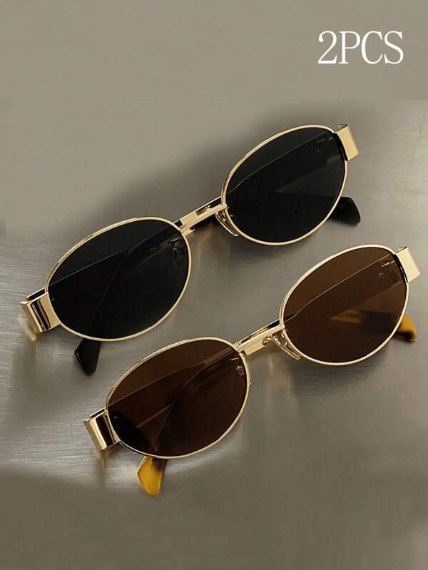 2 Pairs Of Metal-Framed Oval Fashion Glasses For Girls For Everyday Wear, Beach Accessories, Girl's Glasses Sunshades(The Color And Style Of The Temples Are Random)