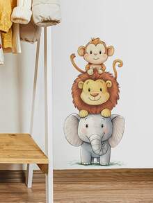1pc Watercolor Cute Animal Wall Sticker - Elephant & Monkey Design - PVC Self-Adhesive Decal, Applicable For Game Room/Kids Bedroom Decor, Living Room, Door, Kindergarten Decor, Classroom, Home Decor & Gifts - Multicolor - View 3